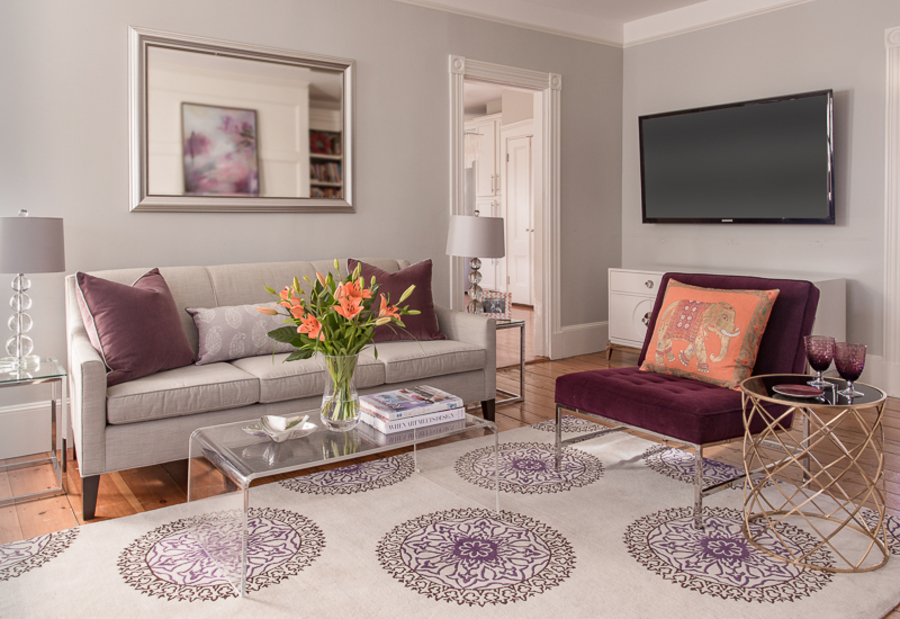 Living Room in Purple and Greys with a Splash of Orange
